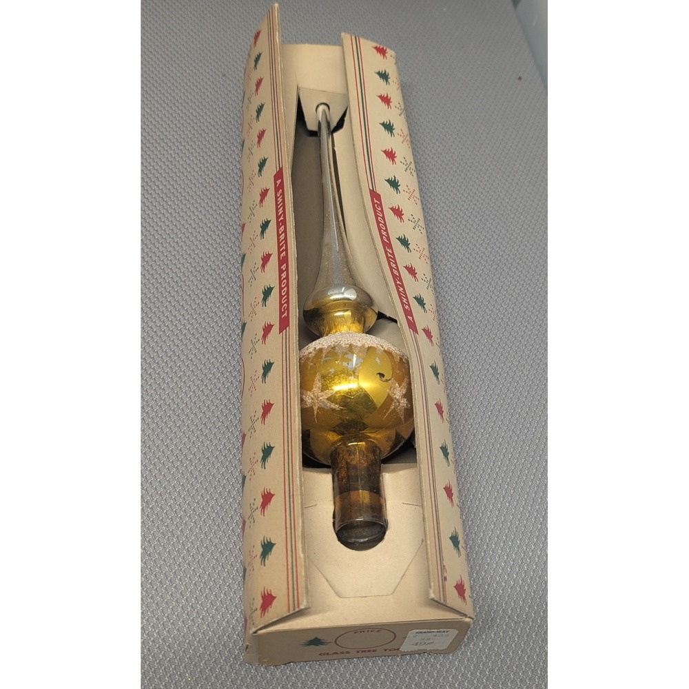 Vintage Shiny Brite Gold Glass Christmas Tree Topper Finial Star Mica w/ Box
